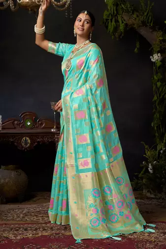 Turquoise organza khadi zari woven saree with blouse