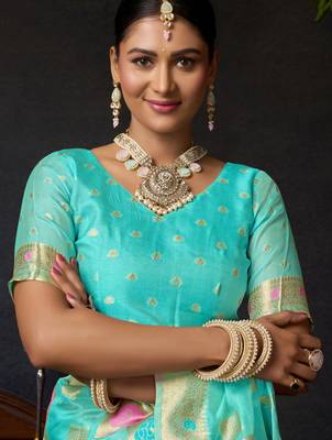 Turquoise organza khadi zari woven saree with blouse 4