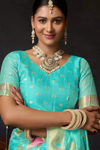 Turquoise organza khadi zari woven saree with blouse