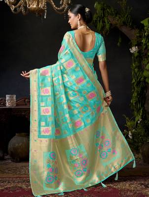 Turquoise organza khadi zari woven saree with blouse 5