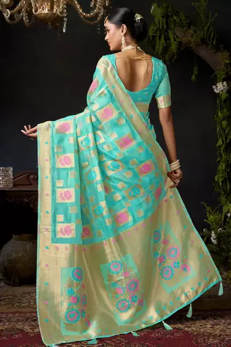 Turquoise organza khadi zari woven saree with blouse