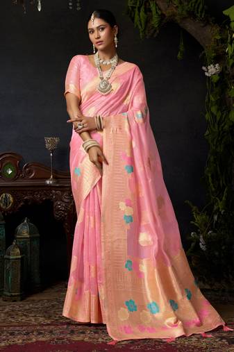 Baby pink organza khadi zari woven saree with blouse