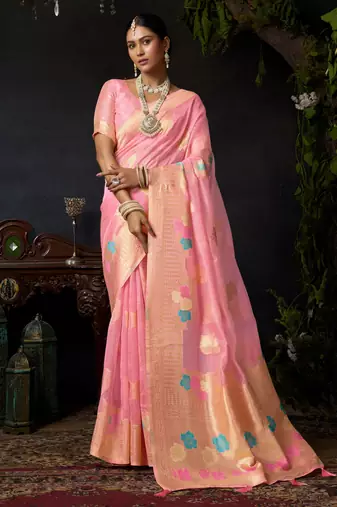 Baby pink organza khadi zari woven saree with blouse