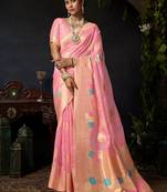 Baby pink organza khadi zari woven saree with blouse