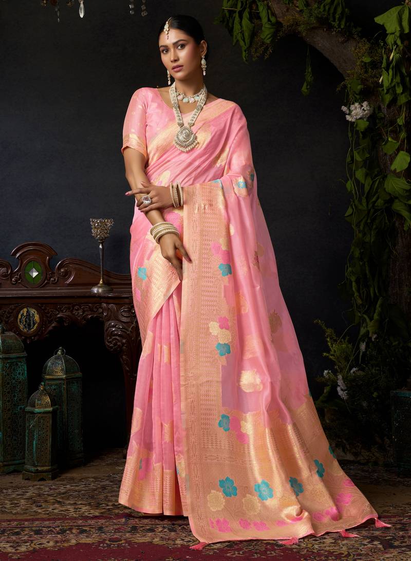 Baby pink organza khadi zari woven saree with blouse
