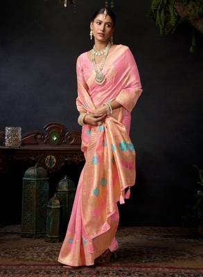 Baby pink organza khadi zari woven saree with blouse 2