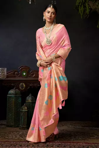 Baby pink organza khadi zari woven saree with blouse