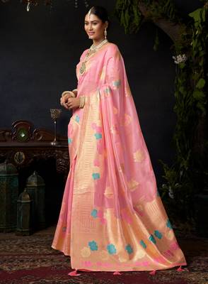 Baby pink organza khadi zari woven saree with blouse 3
