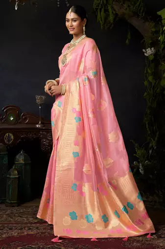 Baby pink organza khadi zari woven saree with blouse