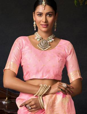 Baby pink organza khadi zari woven saree with blouse 4