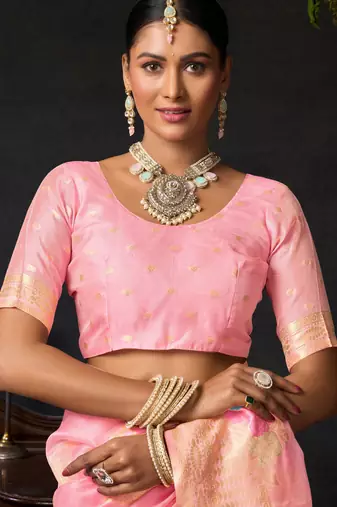 Baby pink organza khadi zari woven saree with blouse