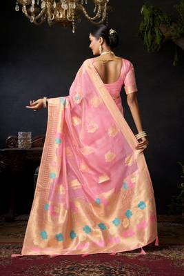 Baby pink organza khadi zari woven saree with blouse 5