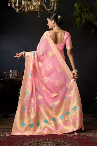 Baby pink organza khadi zari woven saree with blouse