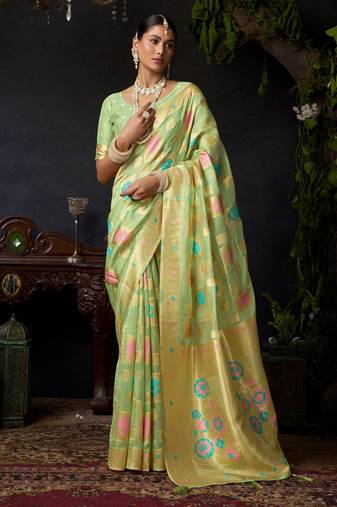 Green organza khadi zari woven saree with blouse