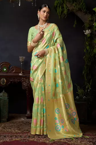 Green organza khadi zari woven saree with blouse