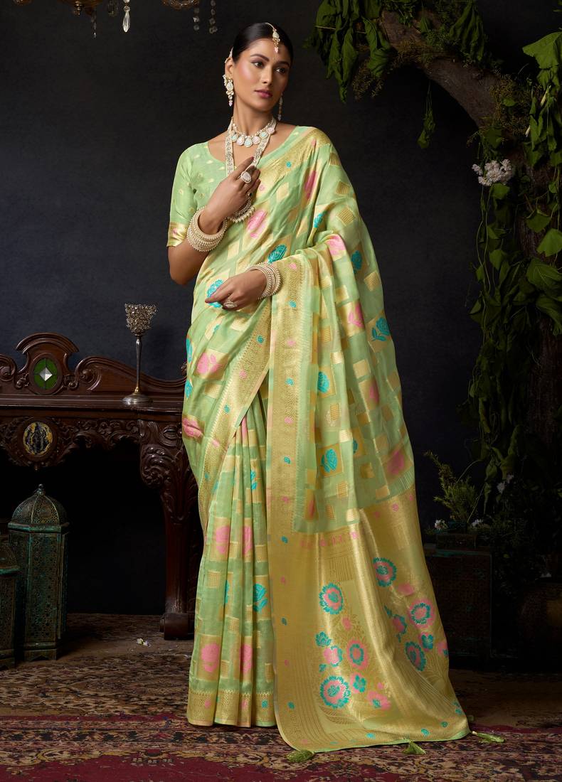 Green organza khadi zari woven saree with blouse