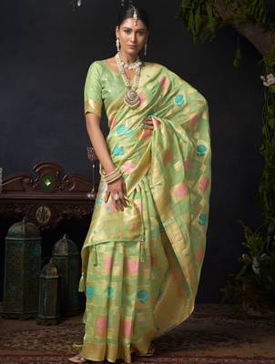 Green organza khadi zari woven saree with blouse 2