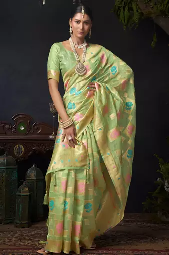 Green organza khadi zari woven saree with blouse