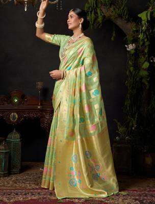 Green organza khadi zari woven saree with blouse 3