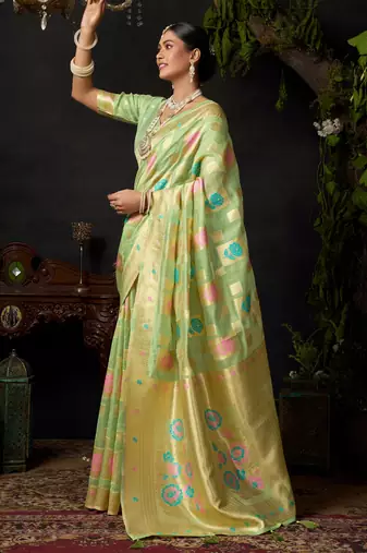 Green organza khadi zari woven saree with blouse