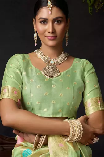 Green organza khadi zari woven saree with blouse