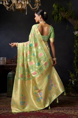 Green organza khadi zari woven saree with blouse 5