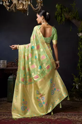 Green organza khadi zari woven saree with blouse