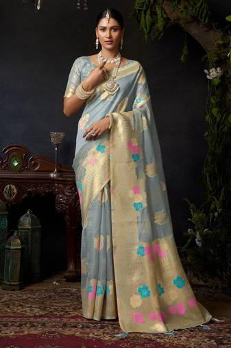 Grey organza khadi zari woven saree with blouse