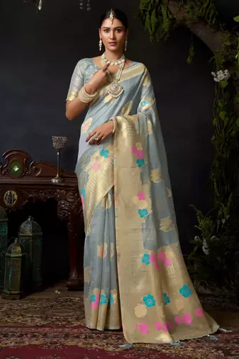 Grey organza khadi zari woven saree with blouse