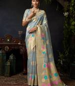 Grey organza khadi zari woven saree with blouse
