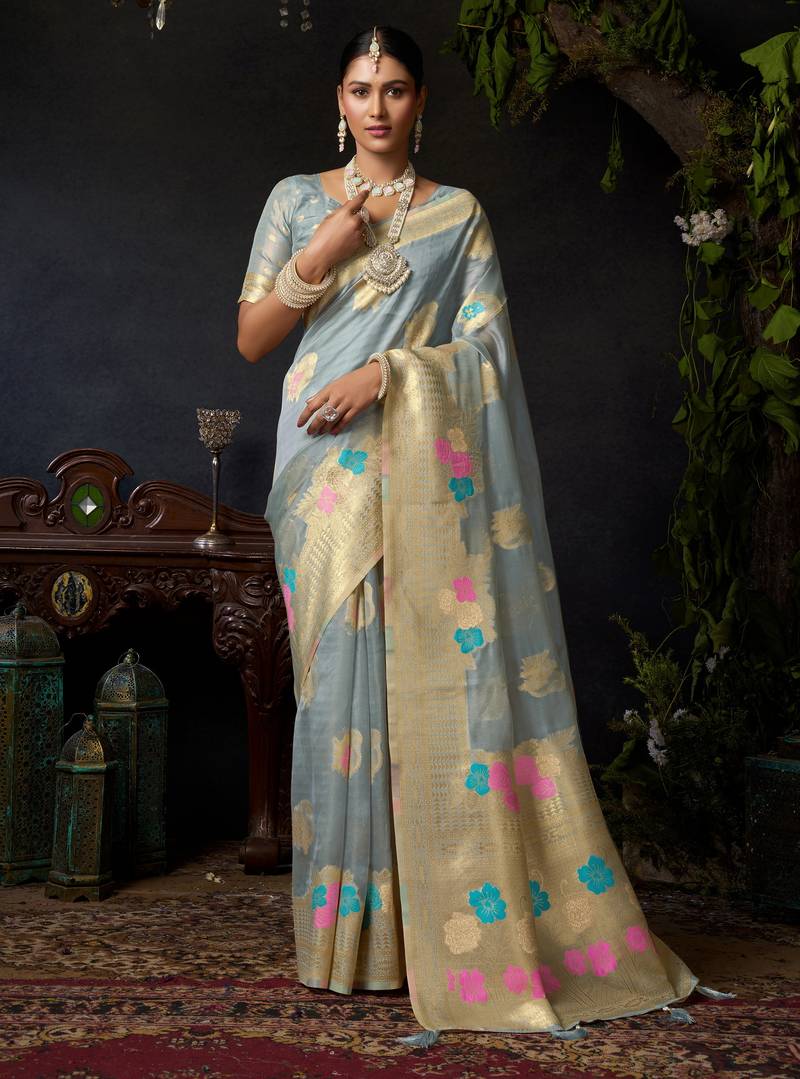 Grey organza khadi zari woven saree with blouse