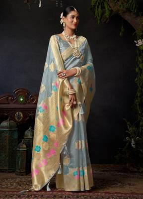 Grey organza khadi zari woven saree with blouse 2