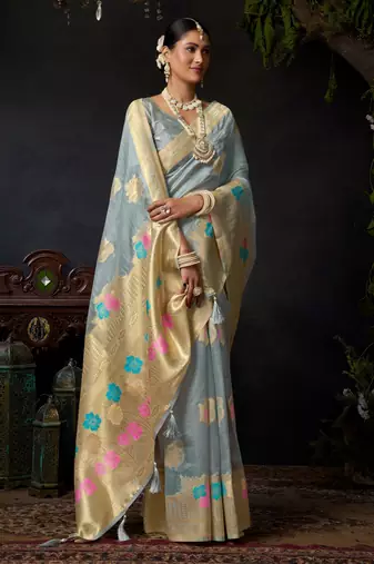 Grey organza khadi zari woven saree with blouse