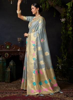 Grey organza khadi zari woven saree with blouse 3