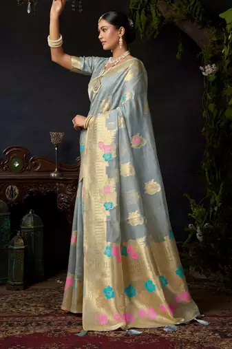 Grey organza khadi zari woven saree with blouse