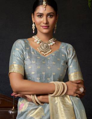 Grey organza khadi zari woven saree with blouse 4