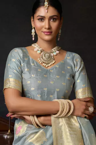 Grey organza khadi zari woven saree with blouse