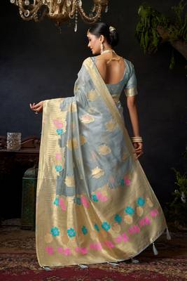 Grey organza khadi zari woven saree with blouse 5