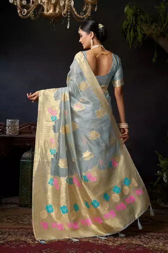 Grey organza khadi zari woven saree with blouse