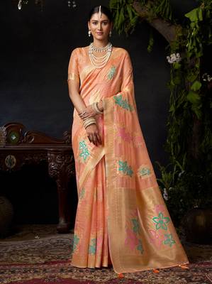 Peach organza khadi zari woven saree with blouse 1