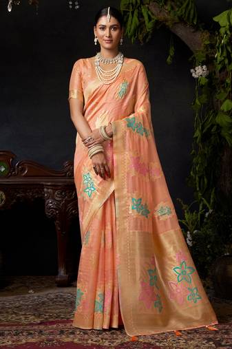 Peach organza khadi zari woven saree with blouse