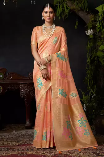 Peach organza khadi zari woven saree with blouse