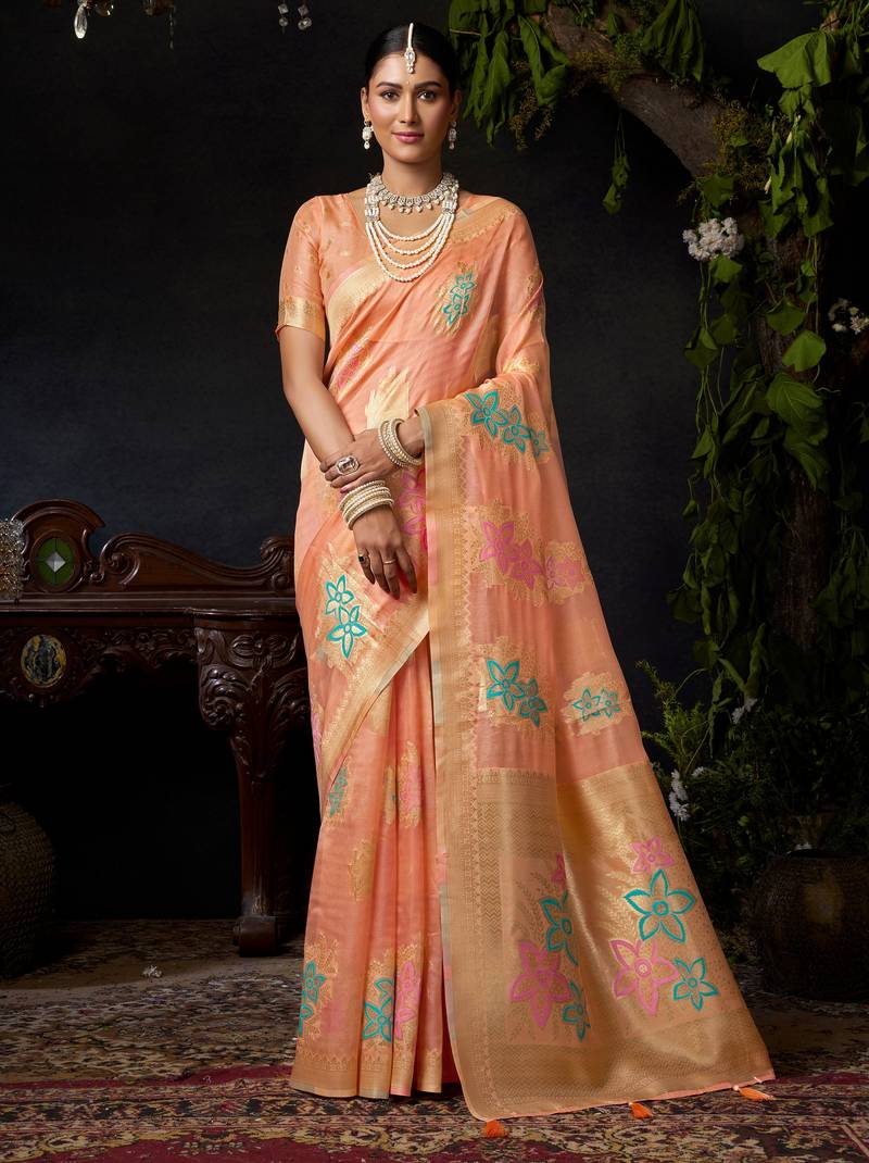 Peach organza khadi zari woven saree with blouse