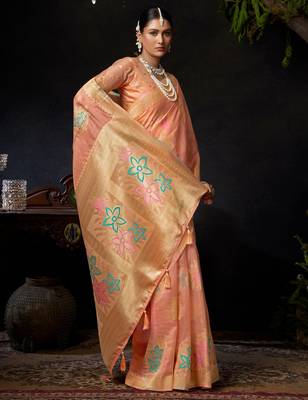 Peach organza khadi zari woven saree with blouse 2