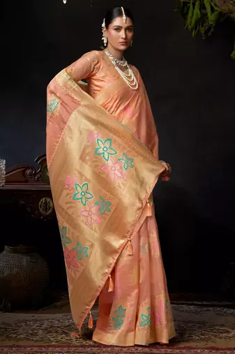 Peach organza khadi zari woven saree with blouse