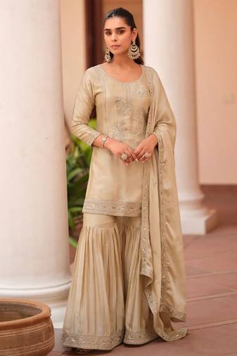 Cream zari sequence embroidery work mos satin ready to wear sharara suit for women's