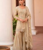 Cream zari sequence embroidery work mos satin ready to wear sharara suit for women's