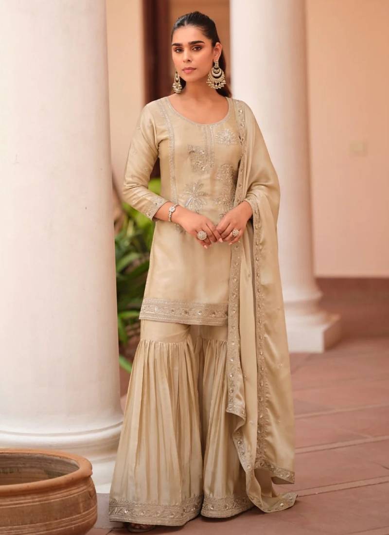 Cream zari sequence embroidery work mos satin ready to wear sharara suit for women's