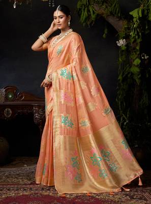 Peach organza khadi zari woven saree with blouse 3