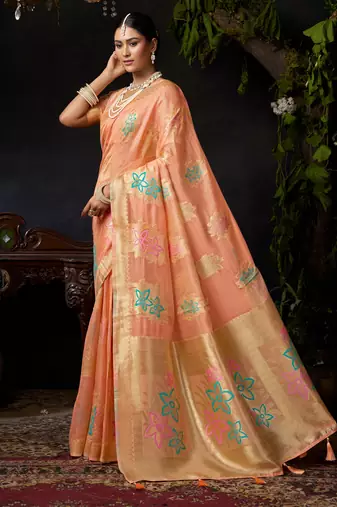 Peach organza khadi zari woven saree with blouse